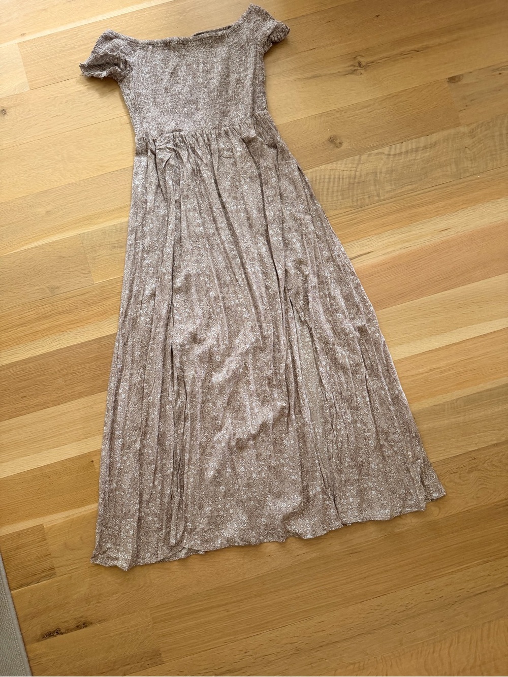 Off-Shoulder Floral Maxi Dress in Taupe